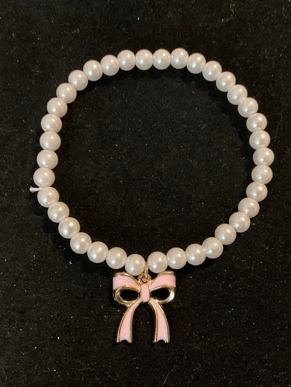 Pearl Beaded Cat Collar Pink Bow Charm Stretch XS 7.87in.